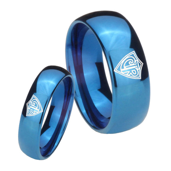 Bride and Groom CTR Dome Blue Tungsten Carbide Mens Ring Engraved Set