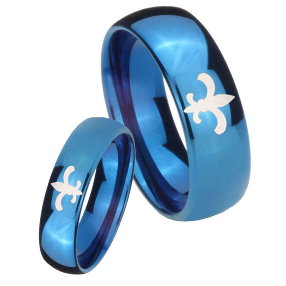 Bride and Groom Fleur De Lis Dome Blue Tungsten Carbide Engraved Ring Set
