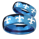 His Hers Multiple Fleur De Lis Dome Blue Tungsten Mens Engagement Ring Set