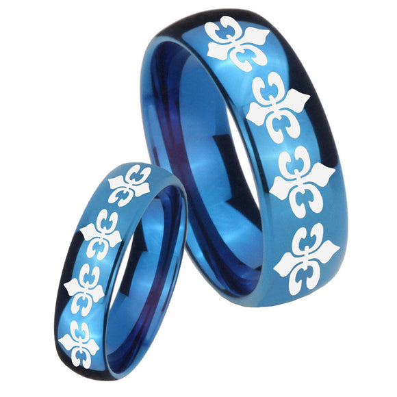 His and Hers Multiple Fleur De Lis Dome Blue Tungsten Mens Ring Engraved Set