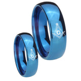 Bride and Groom Master Mason Masonic Dome Blue Tungsten Mens Promise Ring Set