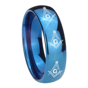 8mm Multiple Master Mason Masonic Dome Blue Tungsten Carbide Bands Ring