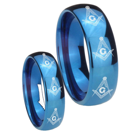 His Hers Multiple Master Mason Masonic Dome Blue Tungsten Engagement Ring Set