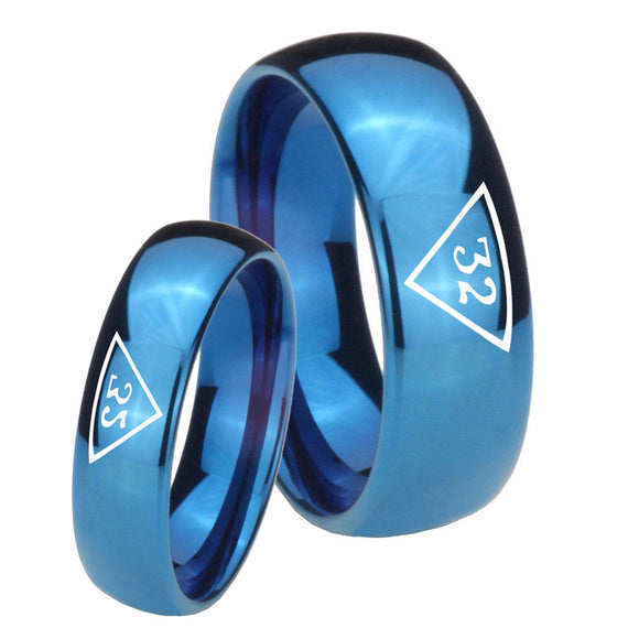 Bride and Groom Masonic 32 Triangle Freemason Dome Blue Tungsten Carbide Custom Mens Ring Set
