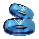 Bride and Groom Masonic 32 Triangle Freemason Dome Blue Tungsten Carbide Custom Mens Ring Set