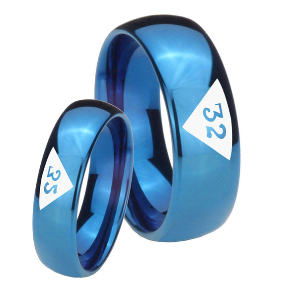 Bride and Groom Masonic 32 Triangle Design Freemason Dome Blue Tungsten Carbide Custom Mens Ring Set