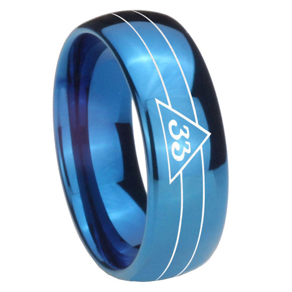 8mm Masonic 32 Duo Line Freemason Dome Blue Tungsten Carbide Wedding Engraving Ring