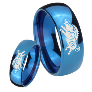 Bride and Groom Wild Boar Dome Blue Tungsten Personalized Ring Set