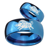 Bride and Groom Wild Boar Dome Blue Tungsten Personalized Ring Set