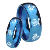 Bride and Groom Masonic Shriners Dome Blue Tungsten Men's Wedding Ring Set