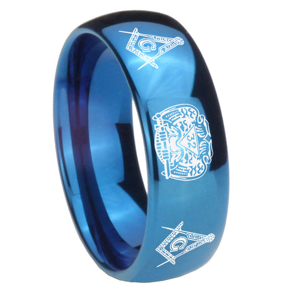 8mm Masonic 32 Design Dome Blue Tungsten Carbide Mens Ring Personalized