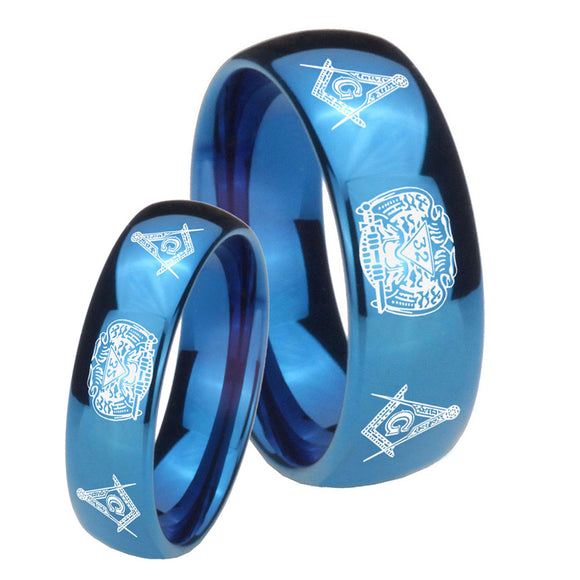 Bride and Groom Masonic 32 Design Dome Blue Tungsten Carbide Wedding Band Ring Set