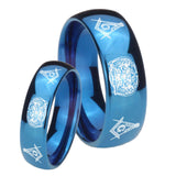 Bride and Groom Masonic 32 Design Dome Blue Tungsten Carbide Wedding Band Ring Set