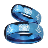 Bride and Groom Masonic 32 Design Dome Blue Tungsten Carbide Wedding Band Ring Set