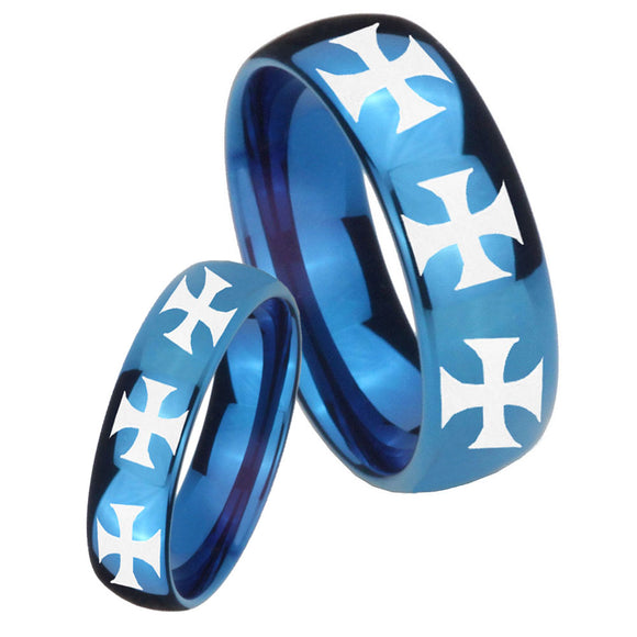 His and Hers Multiple Maltese Cross Dome Blue Tungsten Custom Mens Ring Set