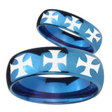His and Hers Multiple Maltese Cross Dome Blue Tungsten Custom Mens Ring Set