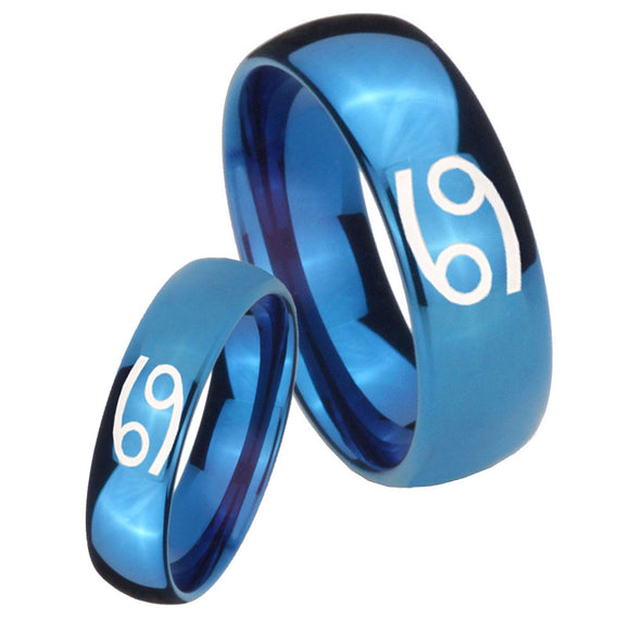 Bride and Groom Cancer Horoscope Dome Blue Tungsten Carbide Men's Band Ring Set