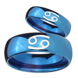 Bride and Groom Cancer Horoscope Dome Blue Tungsten Carbide Men's Band Ring Set