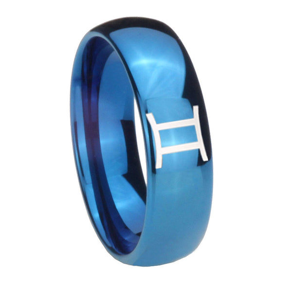 8mm Gemini Zodiac Dome Blue Tungsten Carbide Mens Anniversary Ring
