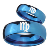 Bride and Groom Virgo Zodiac Dome Blue Tungsten Carbide Mens Ring Set
