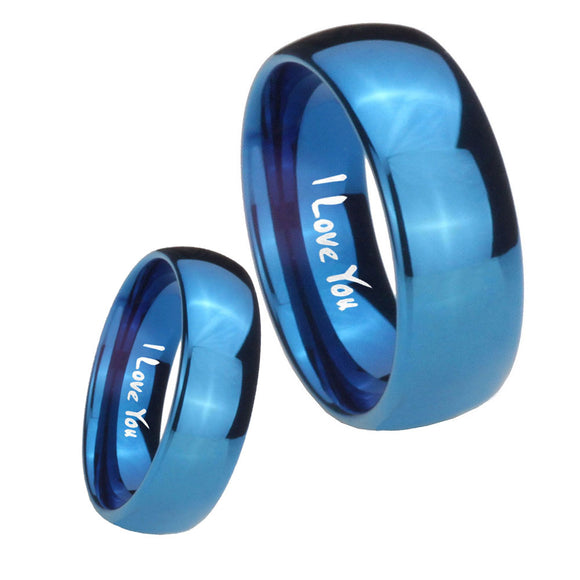 Bride and Groom I Love You Dome Blue Tungsten Carbide Mens Ring Personalized Set