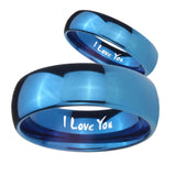 Bride and Groom I Love You Dome Blue Tungsten Carbide Mens Ring Personalized Set