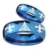 His Hers Celtic Triangle Fleur De Lis Dome Blue Tungsten Wedding Ring Set