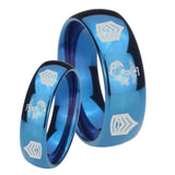 Bride and Groom Marine Army Sergeant Dome Blue Tungsten Carbide Men's Wedding Band Set