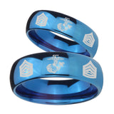 Bride and Groom Marine Army Sergeant Dome Blue Tungsten Carbide Men's Wedding Band Set