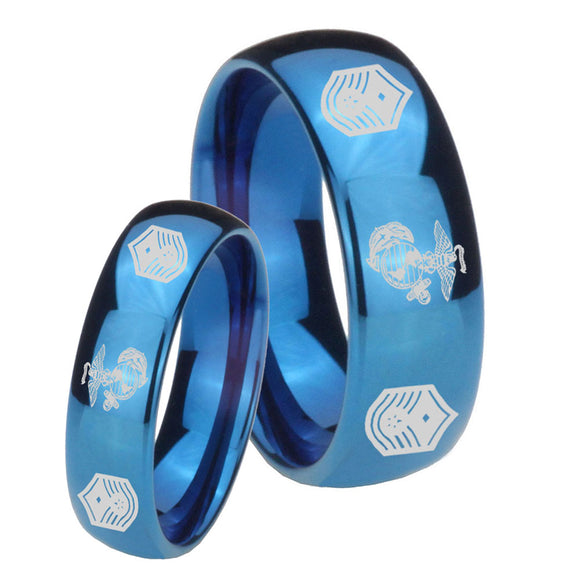 His Hers Marine Chief Master Sergeant  Dome Blue Tungsten Mens Anniversary Ring Set