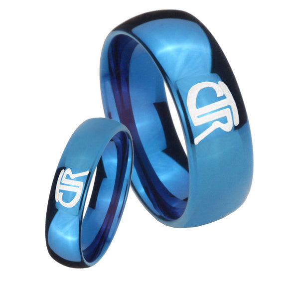 Bride and Groom CTR Dome Blue Tungsten Carbide Men's Wedding Ring Set
