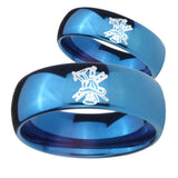 Bride and Groom Fireman Dome Blue Tungsten Carbide Men's Wedding Ring Set