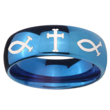 8mm Fish & Cross Dome Blue Tungsten Carbide Custom Ring for Men