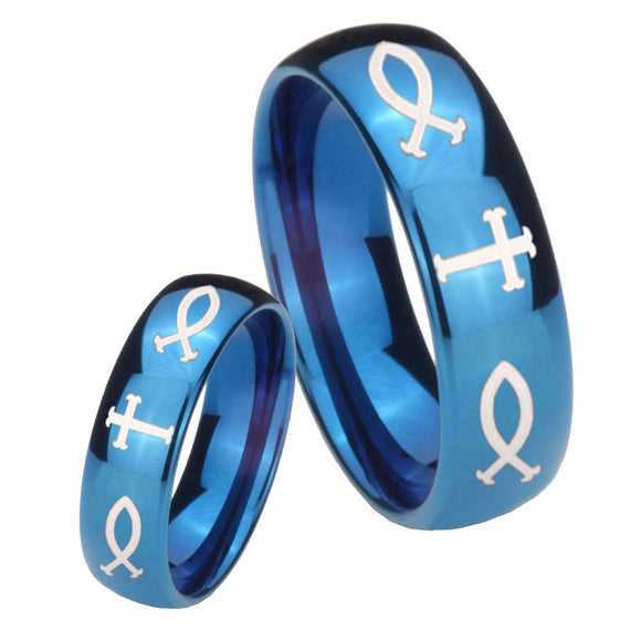 Bride and Groom Fish & Cross Dome Blue Tungsten Mens Anniversary Ring Set