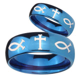 Bride and Groom Fish & Cross Dome Blue Tungsten Mens Anniversary Ring Set