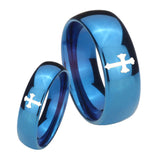 Bride and Groom Flat Christian Cross Dome Blue Tungsten Men's Band Ring Set