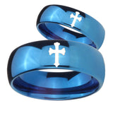 Bride and Groom Flat Christian Cross Dome Blue Tungsten Men's Band Ring Set