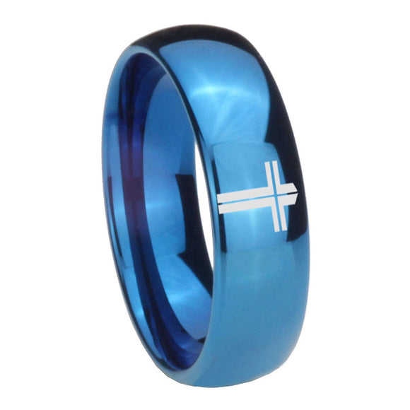 8mm Flat Christian Cross Dome Blue Tungsten Carbide Rings for Men
