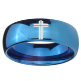 8mm Flat Christian Cross Dome Blue Tungsten Carbide Rings for Men