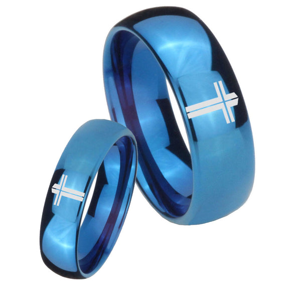 His and Hers Flat Christian Cross Dome Blue Tungsten Wedding Bands Ring Set