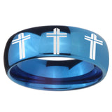 8mm Multiple Christian Cross Dome Blue Tungsten Carbide Wedding Band Ring