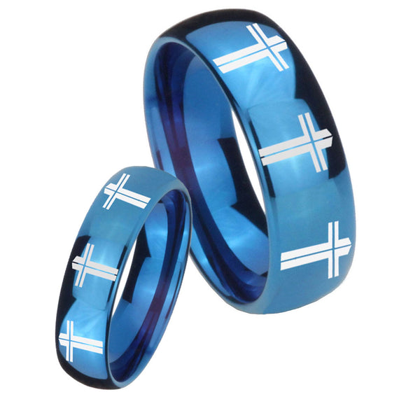 His Hers Multiple Christian Cross Dome Blue Tungsten Wedding Engraving Ring Set