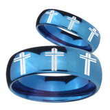 His Hers Multiple Christian Cross Dome Blue Tungsten Wedding Engraving Ring Set