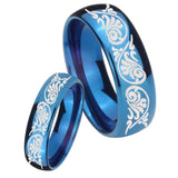 Bride and Groom Etched Tribal Pattern Dome Blue Tungsten Carbide Mens Ring Set