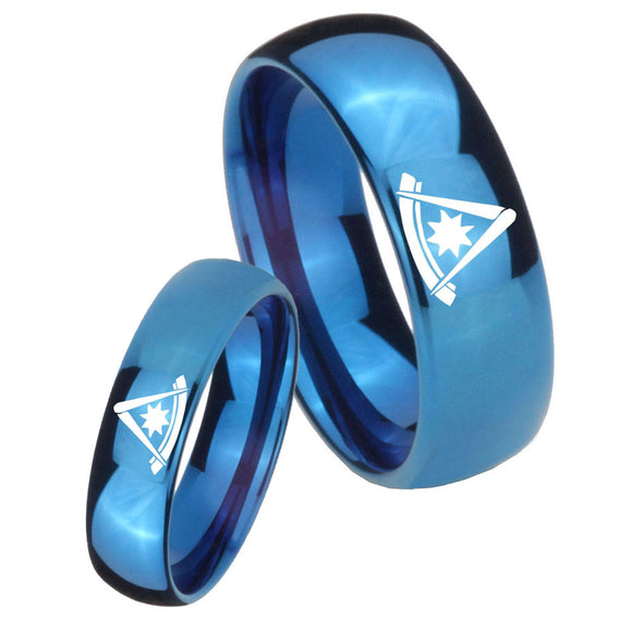 Bride and Groom Pester Master Masonic Dome Blue Tungsten Carbide Men's Ring Set