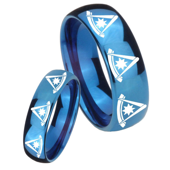 His Hers Multiple Pester Master Masonic Dome Blue Tungsten Mens Wedding Band Set