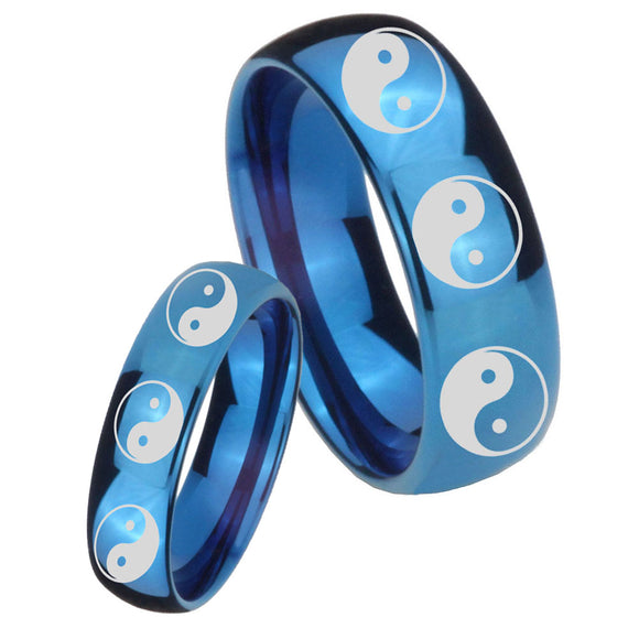 Bride and Groom Multiple Yin Yang Dome Blue Tungsten Wedding Band Mens Set