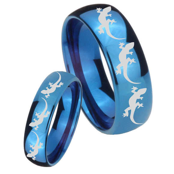 Bride and Groom Multiple Lizard Dome Blue Tungsten Mens Engagement Ring Set
