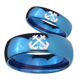 Bride and Groom Anchor Dome Blue Tungsten Carbide Promise Ring Set