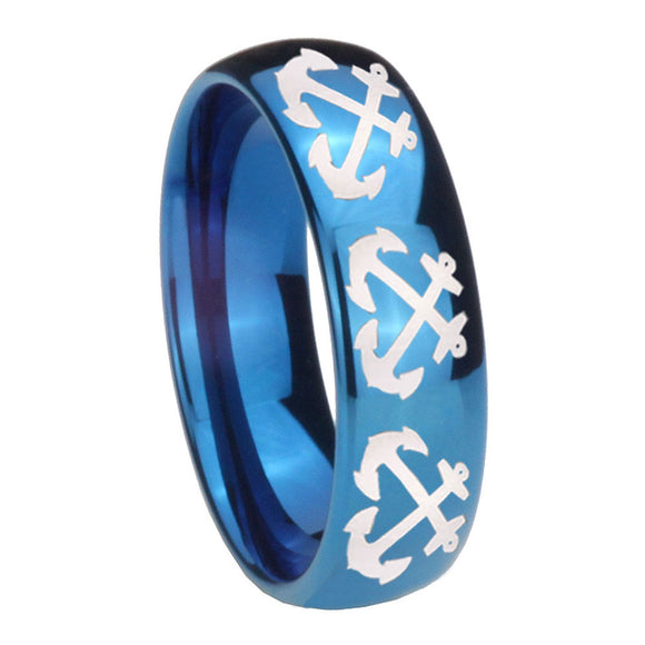 8mm Multiple Anchor Dome Blue Tungsten Carbide Mens Promise Ring